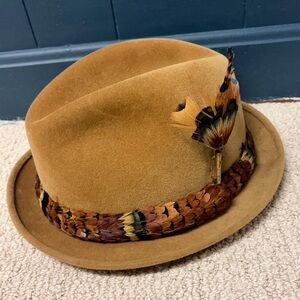 Vtg Cavanagh New York Brown Suede Feather Fedora Hat Size 7 3/8